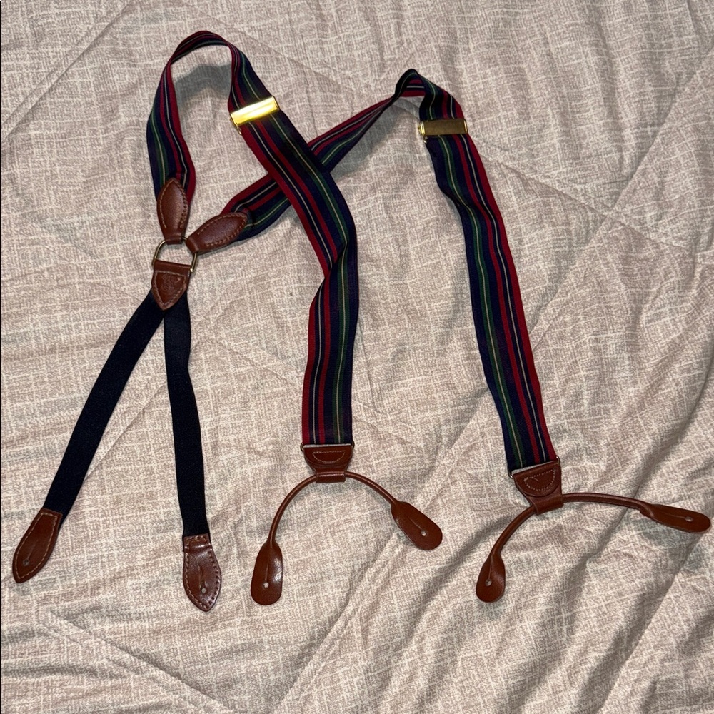 Vintage Pelican Striped Adjustable Suspenders with Brown Leather Accents